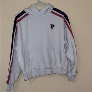 VS PINK Women's Light Blue Hoodie with Pink and Navy Blue Stripes